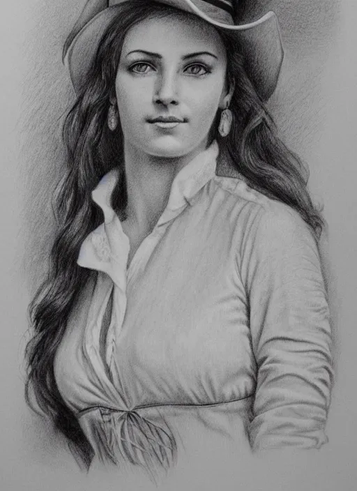 Prompt: 1 8 0 0 s style full body detailed pencil drawing of a cowgirl beautiful face, realistic