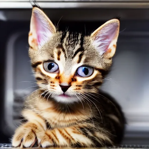 Image similar to a tabby kitten inside a kitchen oven looking at camera, close up