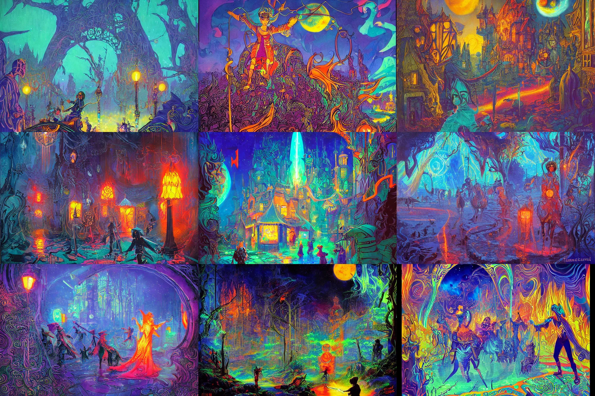 Prompt: The gouache wanderer encounters bandits in a nightmare flux zone, a fantasy sci-fi dreamworld painting in neon geometric inks, art nouveau by Terese Edvard Guay Kinkade