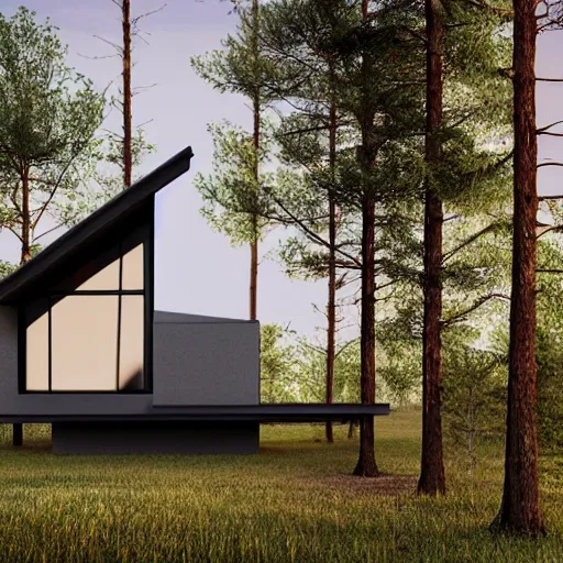 Image similar to minimal modernist a - frame house in the woods, beautiful lighting, volumetric, cinematic lighting, corona render, detailed, symmetrical, minimal, clean