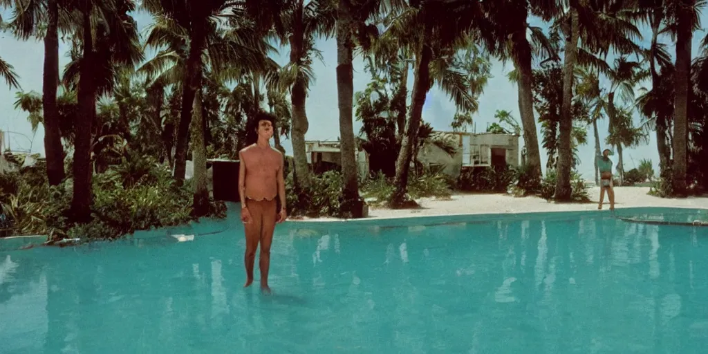 Prompt: wide shot of John Turturro standing in a surreal defunct florida keys abandoned resort with palm trees around a pool, a surreal vaporwave liminal space, 1970s thriller, color kodak Kubrick film, anamorphic lenses