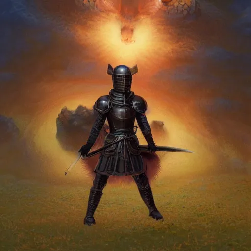 Image similar to anthropomorphic shiba inu, knight red armor, standing on hill of dead enemies, stuning fantasy 3 d render, masterpiece, glowing dark aura, by donato giancola and greg rutkowski and wayne barlow and zdzisław beksinski, realistic face