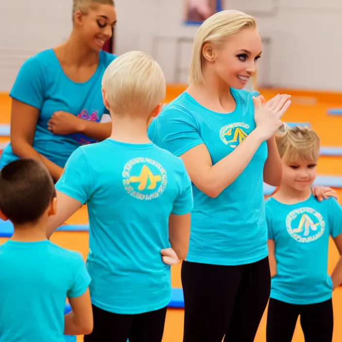 Prompt: blonde ymca gymnastics coach with aquamarine t shirt with y logo on it teaching kids gymnastics, high detail, good lighting