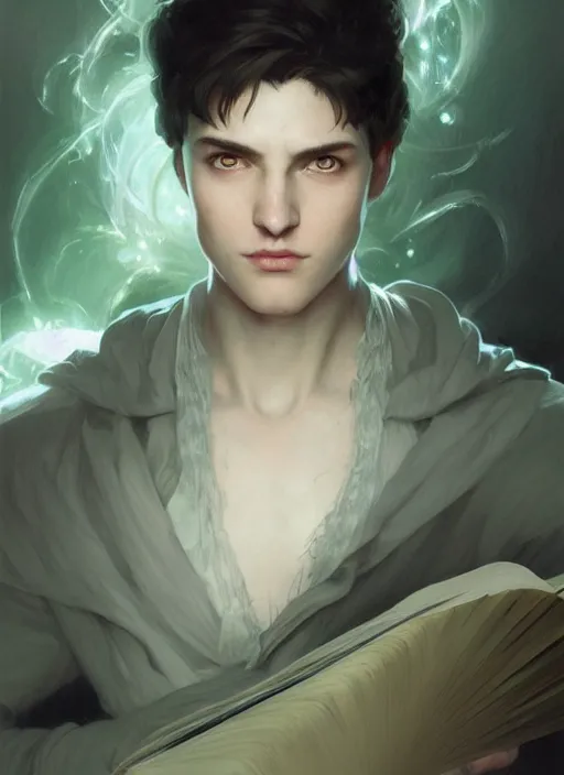 Prompt: character concept portrait of an attractive young focused Spanish wizard with pale green skin enchanting a healing spell, a floating iridescent spell book in the center, intricate, elegant, digital painting, concept art, smooth, sharp focus, illustration, from Metal Gear, by Ruan Jia and Mandy Jurgens and William-Adolphe Bouguereau, Artgerm