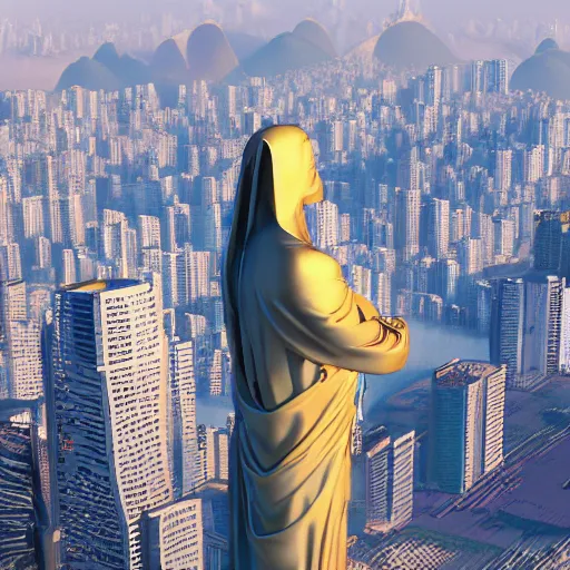 Image similar to a highly detailed picture of a cyberpunk christo redentor in a vaporwave style dabbing over rio de janeiro, aerial photography, ultrawide lens, art by john collier and albert aublet and krenz cushart and artem demura and alphonse mucha, volumetric lighting, octane render, 4 k resolution, trending on artstation, masterpiece