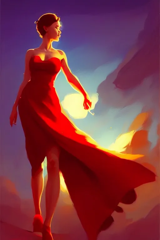 Image similar to dreamy girl character with perfect body in a nice red dress with stunnin makeup, magic vibe, perfect lighting. professional design. great composition, illustration, highly detailed, digital painting, concept art, trending on artstation, by greg rutkowski, by rhads