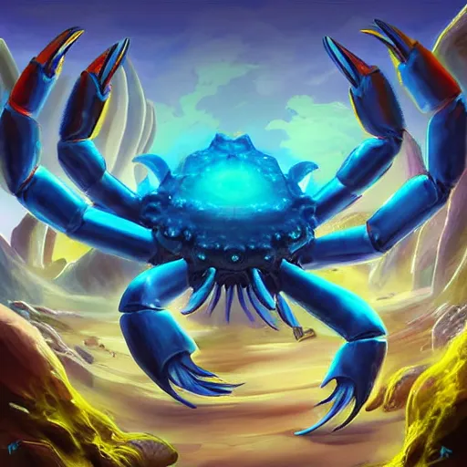 Image similar to blue giant crab monster, crab claws, fantasy digital art, magical background in the style of hearthstone artwork