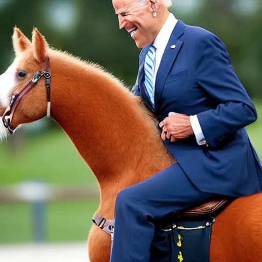 Prompt: Joe Biden riding a tiny pony