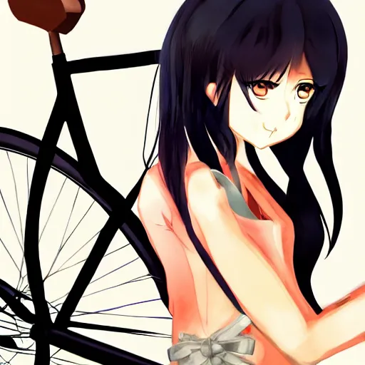 Image similar to Anime girl black hair tail dark skin with old bicycle trending on artstation