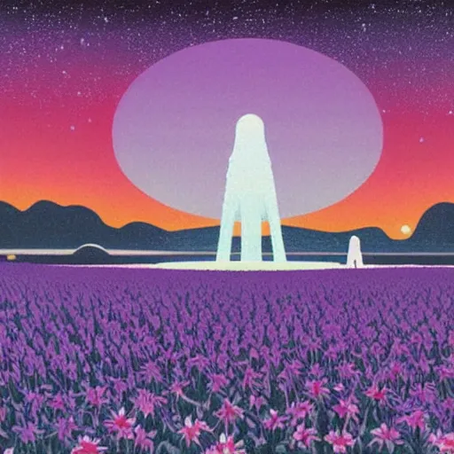 Prompt: a beautiful painting of a large alien shrine shrouded by mystic nebula magic in a field of flowers by hiroshi nagai and vincent di fate