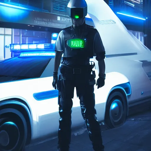 Image similar to A cyber police officer standing next to a futuristic police car in a cyberpunk city, ultrarealistic, detailed, dimly lit, neon lit signs, neon, sci fi, 4k, artstation, octane, unreal