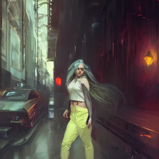 Image similar to billie eilish, hyperrealistic full figure, bladerunner street alley, art of elysium by frank frazetta and by jeremy mann and by alphonse mucha, fantasy art, photo realistic, dynamic lighting, artstation, full figure poster, volumetric lighting, very detailed face, 4 k, award winning