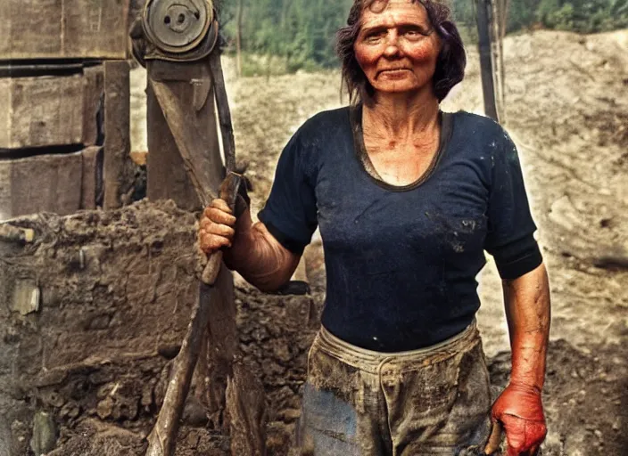 Prompt: A Very muscular coal miner woman, 90's professional color photograph.