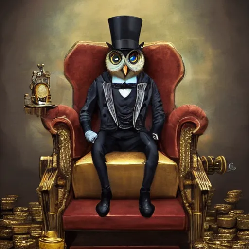 Prompt: oil painting of grumpy rich steampunk owl sitting in fancy chair, wearing top hat, holding gold watch, steampunk factory background, sharp focus, fantasy style, octane render, volumetric lighting, 8k high definition, by greg rutkowski, highly detailed, trending on art Station, magic the gathering artwork, centered, deviantart,