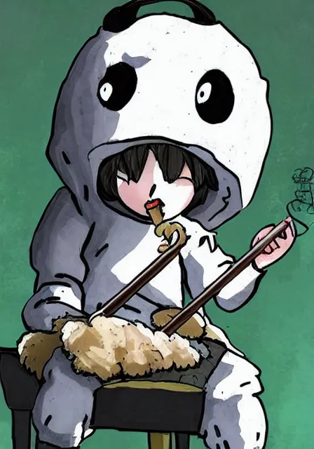 Prompt: little boy wearing sheep suit playing a flute sitting on bed. white, gray, blue, green and brown pallet color. made in abyss art style, inspired in kris from deltarrune, cute detailed artwork, anatomically correct