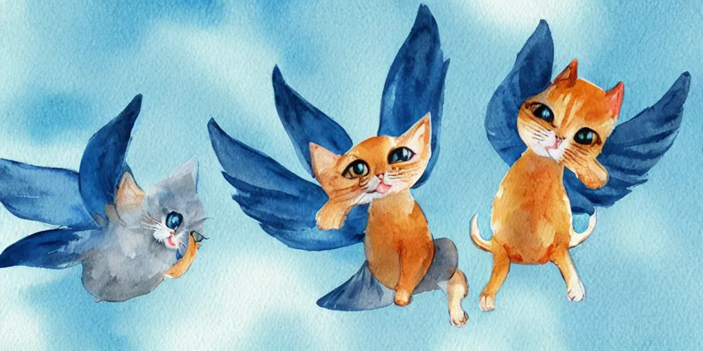 Image similar to watercolor illustration style, flying cute cats with blue wings