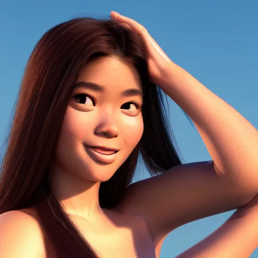 Image similar to young beautiful athletic Filipino woman with long hair posing, depicted as adult Pixar character, high quality cg render, 4k