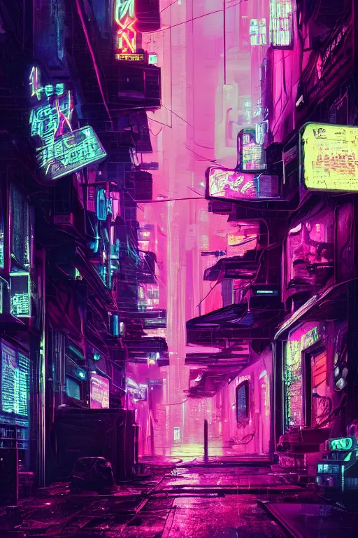 Prompt: street view of a cyberpunk alley, in the style of Blade Runner, rainy weather, neon lighting, vaporwave, retro wave, synthwave, highly detailed, digital painting, concept art, illustration, artstation, Roger Deakin's cinematography, Liam Wong, photo-realistic, 8k