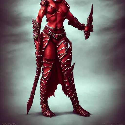 Image similar to A female red dragonborn with a halberd heroically posing, fantasy, medieval, cinematic, paladin, serious expression, 8k, trending on artstation, In the style of Clint Cearley