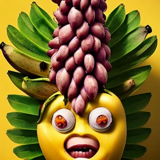 Image similar to banana dryad, megan fox editorial by malczewski and arcimboldo, fruit dryad sculpture by arcimboldo, stil frame from'cloudy with a chance of meatballs 2'( 2 0 1 3 ) of banana dryad, banana hybrid megan fox editorial by arcimboldo, banana 🍌