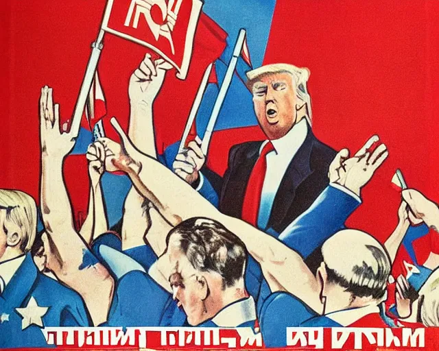 Image similar to Donald Trump waving the soviet flag on a communist propaganda poster, highly detailed soviet art