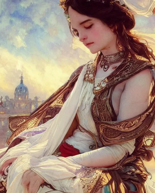 Image similar to a beautiful close up portrait of a female white knight sitting with elegant looks, flowing cape, ornate and flowing, intricate and soft by ruan jia, tom bagshaw, alphonse mucha, krenz cushart, beautiful roman architectural ruins in the background, epic sky, vray render, artstation, deviantart, pinterest, 5 0 0 px models