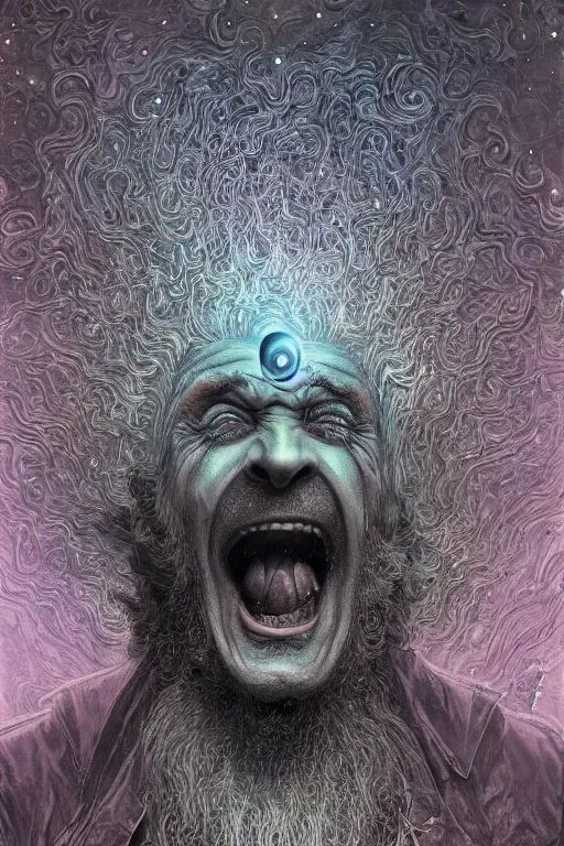 Image similar to an old fractal man screams and a tornado comes out of his mouth by artgem and les edwards, gustave dore, highly detailed, high contrast, light reflection, trippy, nebula, trending on artstation