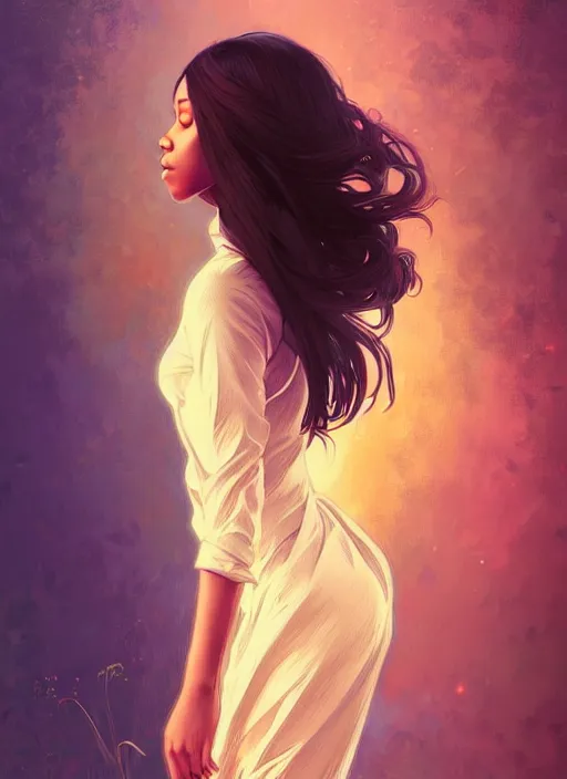 Image similar to handsome young black women with shoulder length brown hair, half body shot, path traced, highly detailed, high quality, digital painting, alena aenami, lilia alvarado, shinji aramaki, karol bak, alphonse mucha, tom bagshaw