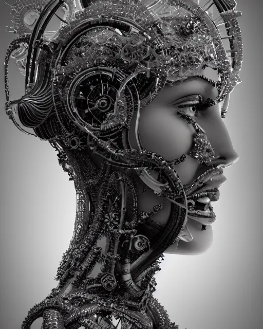 Image similar to mythical dreamy black and white organic bio-mechanical spinal ribbed profile face portrait detail of translucent steampunk beautiful female angelic-human-queen-vegetal-cyborg, highly detailed, intricate crystal jelly ornate, poetic, 3D render, digital art, octane render, 8K artistic photography, photo-realistic, by Dora Maar