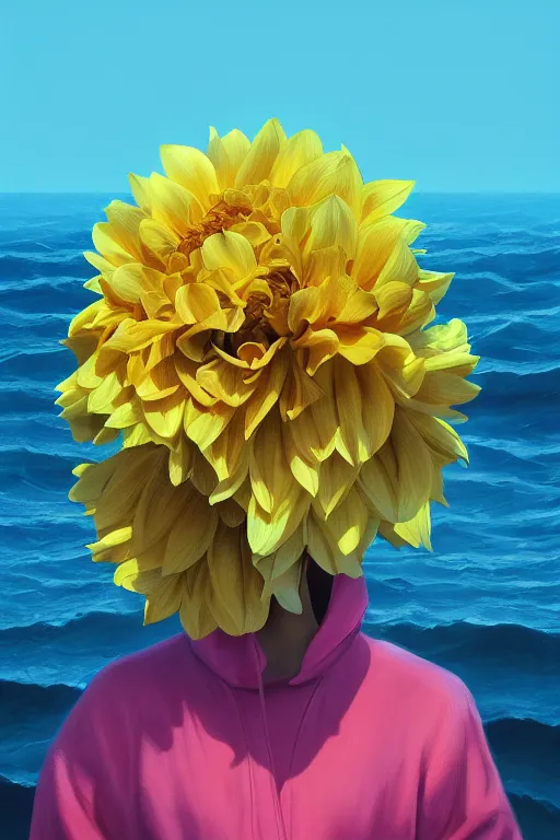 Image similar to closeup girl with huge yellow dahlia flower face, beach, surreal photography, blue sky, sunrise, dramatic light, impressionist painting, digital painting, artstation, simon stalenhag