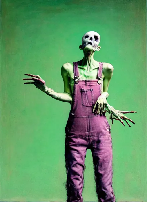 Prompt: an insane, skinny artist wearing torn overalls, expressively twisted body, interpretative dance with a large ghost, depth of field, hauntingly surreal, highly detailed oil painting, by francis bacon, edward hopper, adrian ghenie, glenn brown, soft light 4 k, pink and green colour palette, cinematic composition, cinematic lighting, high quality octane render