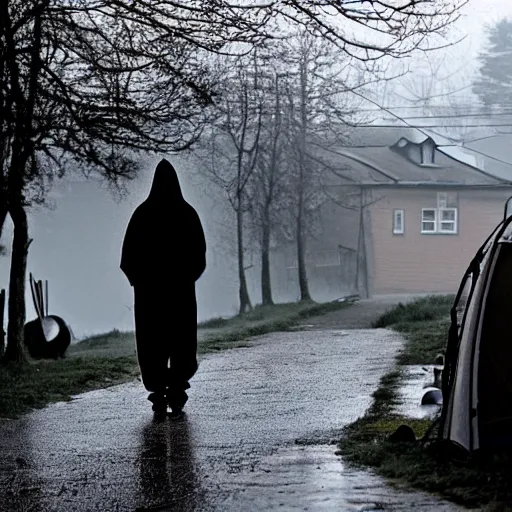 Prompt: a stalker in a hooded suit is standing in the village in the evening in the rain, old houses in the background, stalkers are sitting around the campfire, 1 guitar in his hands, others have vodka and sausage