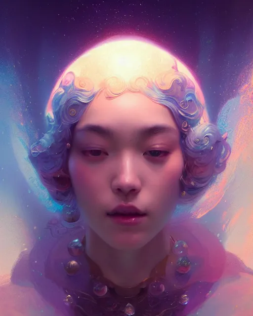 Prompt: harmony of the spheres, fractal crystal, beauty portrait by wlop, james jean, victo ngai, unreal engine, beautifully lit, muted colors, highly detailed, fantasy art by craig mullins, thomas kinkade