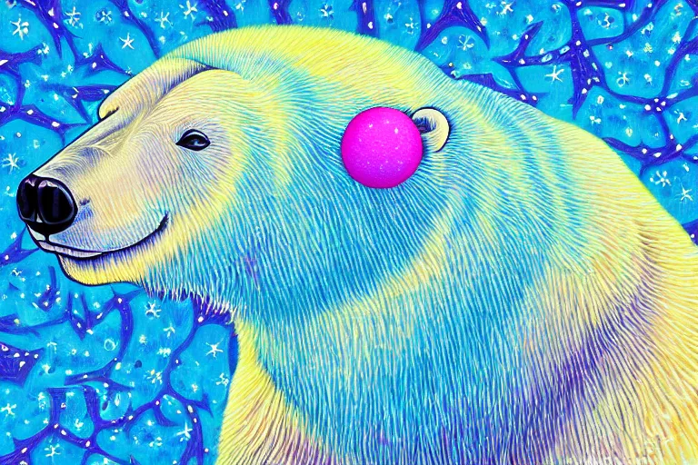 Prompt: a relaxed polar bear looking to the sky by lisa frank, alex grey, flooko, acrylic, digital art, painting,