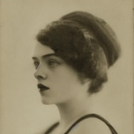 Prompt: headshot edwardian photograph of elle fanning, scarlett johansson, 1 9 2 0 s film actress, realistic face, 1 9 1 0 s, grainy, victorian, detailed, soft blur