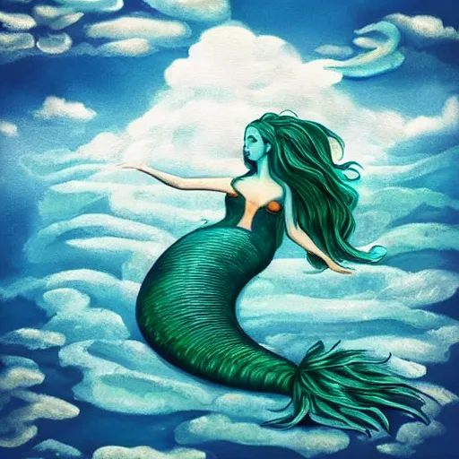 Image similar to “giant mermaid swimming through the clouds”