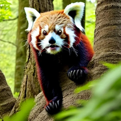 Prompt: photo of humanised red panda armored with golden helmet in the forest