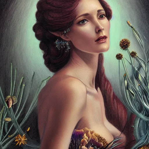 Image similar to facial portrait of a young pretty woman in flowing dress, arrogant, mysterious, long fine flowing hair, delicate, looking at camera, slightly awkward smile, realistic face, hands behind back, intricate, stylish, elegant, grimdark fantasy, flowers, extremely detailed painting inspired by Gerald Brom and Ernst Haeckel and Greg Rutkowski