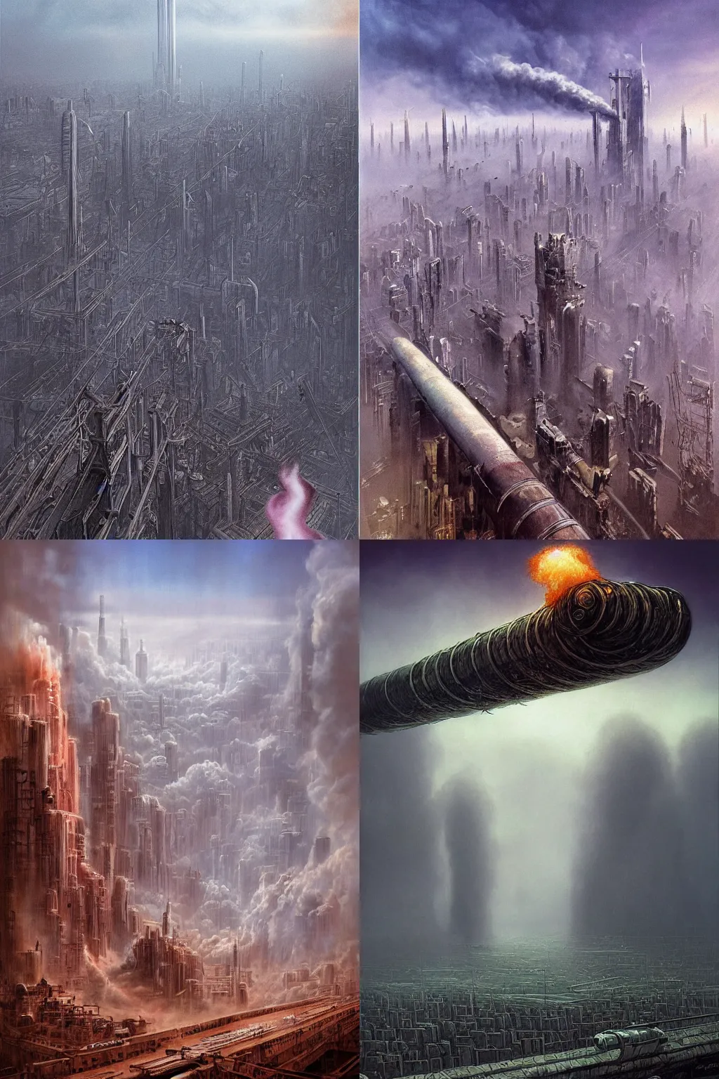 Prompt: a world with no future, a broad column of smoke billows around a massive vertical city on the horizon filling over half the width and disappearing off the top, the ground is covered with pipes leading toward the explosion, pipes completely cover the ground, concept art, gritty world, fantasy, sci-fi, bookcover by michael whelan