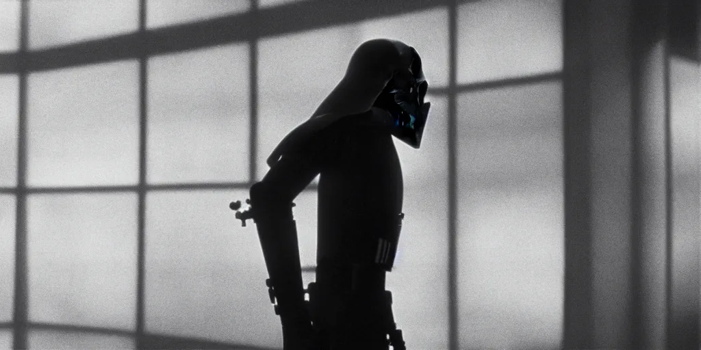 Image similar to a still from a film of a dark figure standing in front of a large window with a live action Star Wars space battle, 35mm, directed by George Lucas, miniatures, ILM