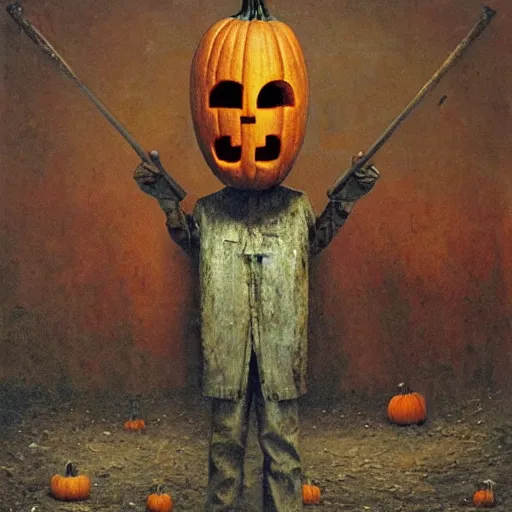 Image similar to pumpkin head man holding a sledgehammer stands inside an abandoned asylum, beksinski