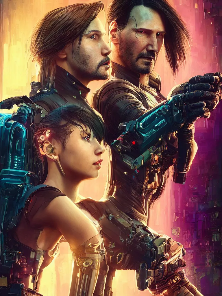 Image similar to a cyberpunk 2077 couple portrait of Keanu Reeves&female android in final kiss,love,film lighting,by Laurie Greasley,Lawrence Alma-Tadema,Dan Mumford,John Wick,Speed,Replicas,artstation,deviantart,FAN ART,full of color,Digital painting,face enhance,highly detailed,8K,octane,golden ratio,cinematic lighting