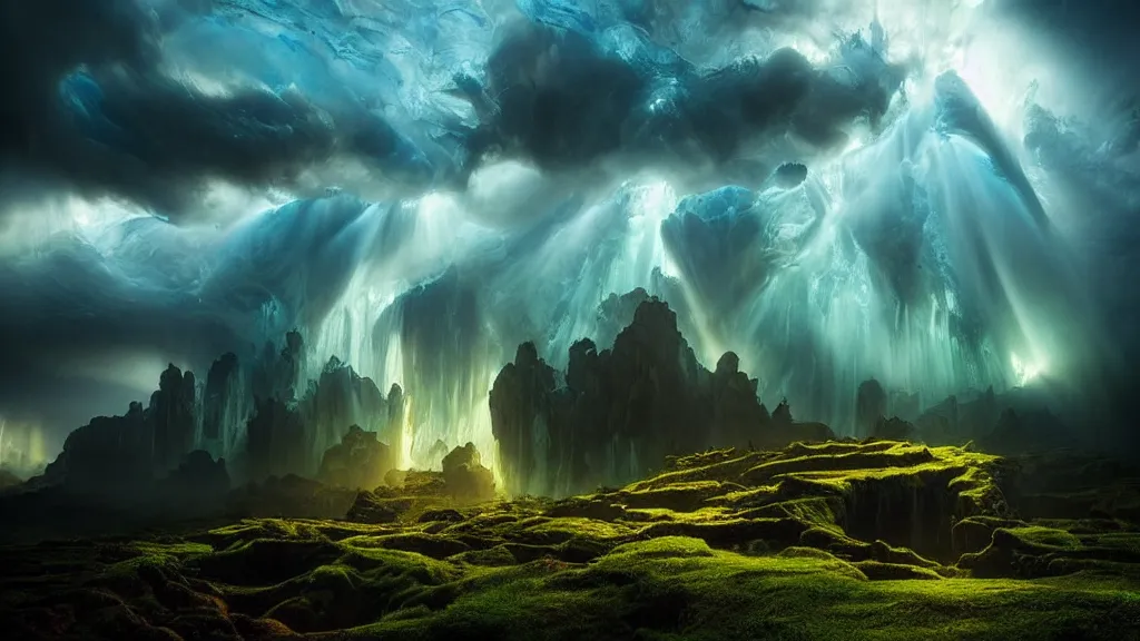 Image similar to amazing landscape photo of atlantis by marc adamus, beautiful dramatic lighting