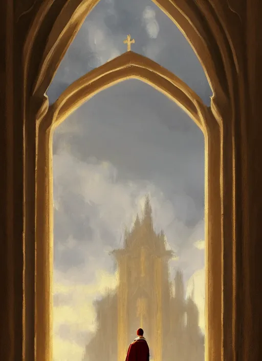 Prompt: oil painting of a dominican monk in brown robes, looking out of a monastery window contemplatively, a majestic cathedral in the background, digital art, artstation, cinematic, golden hour, digital art painting by greg rutkowski