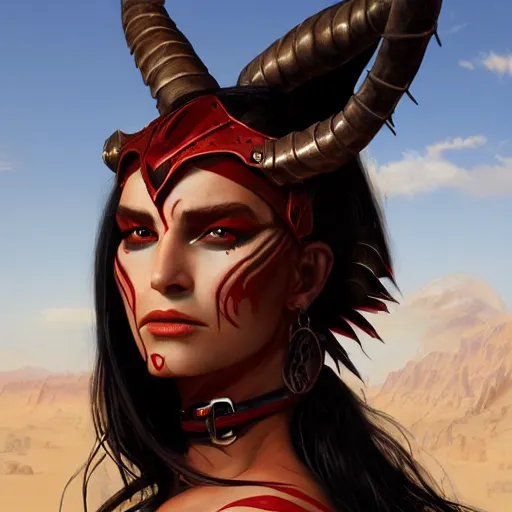 Prompt: portrait of a strong fierce berber tiefling woman with red skin, devil horns and black hair in a ponytail wearing a steel chestplate in a desert, fantasy, highly detailed, digital painting, artstation, concept art, character art, art by greg rutkowski and tyler jacobson and alphonse mucha