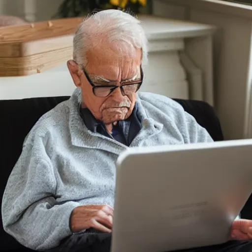 Prompt: elderly man sitting on a casket browsing internet on laptop from a casket casket