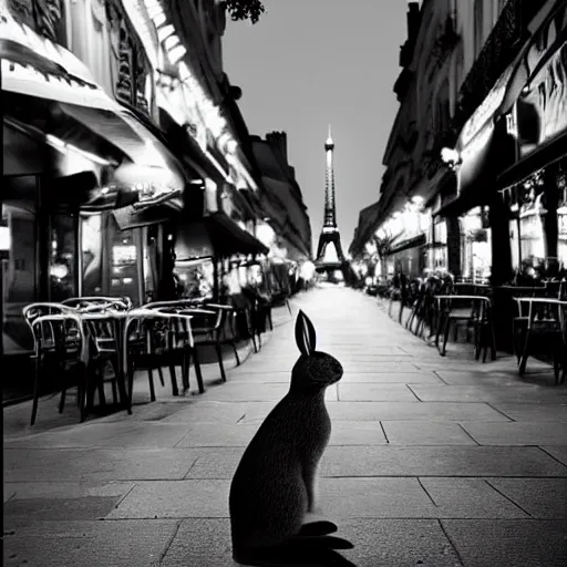 Image similar to a rabbit sitting outside a cafe in paris at night, the eiffel tower is visible in the background, black and white photograph