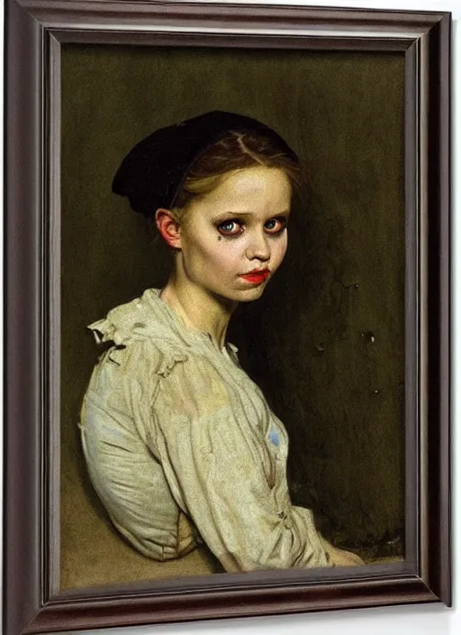 Image similar to a portrait of a pretty sewer punk young lady by albrecht anker