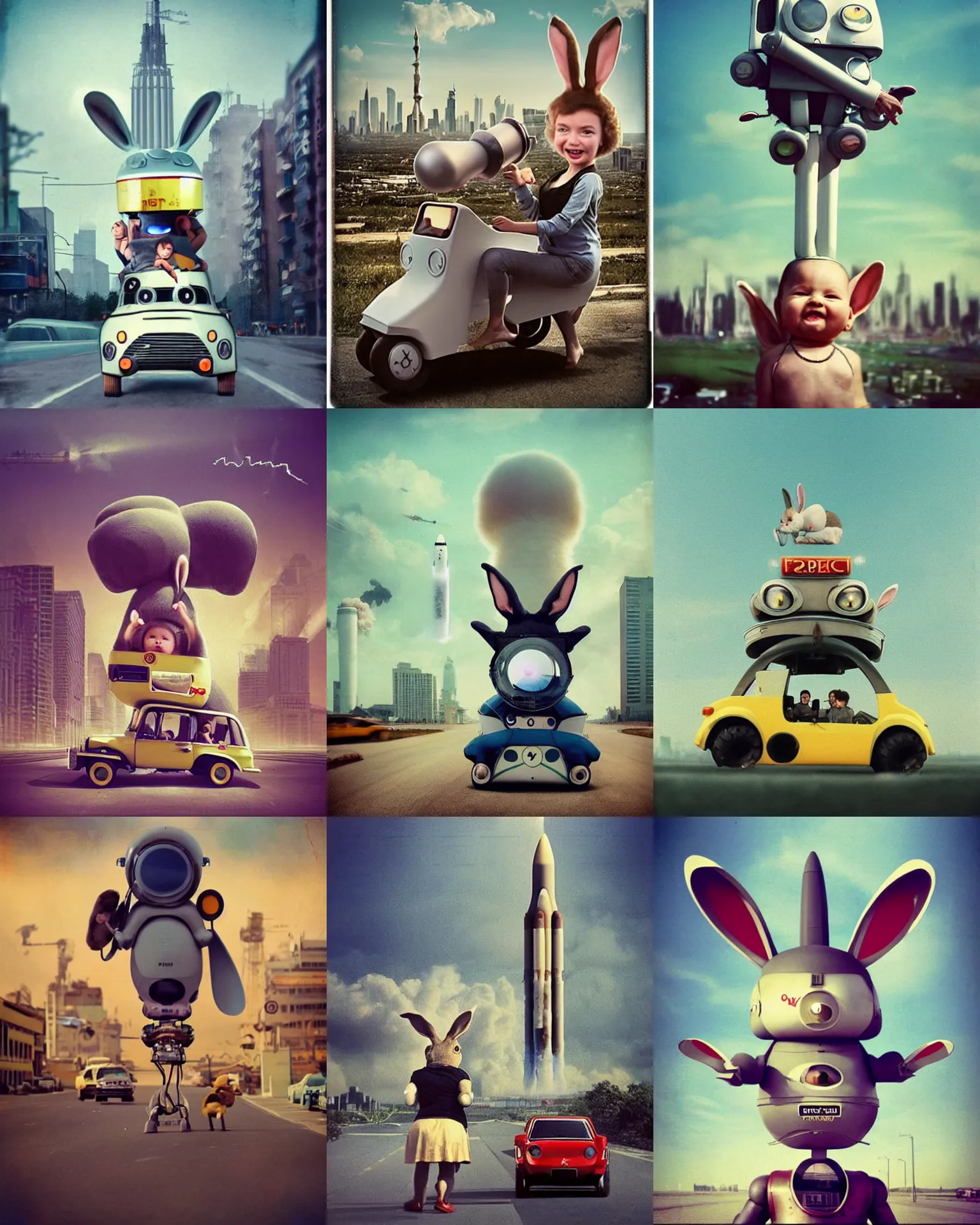 Prompt: epic pose!!! googly eyed giant oversized rocket battle rabbit robot chubby mech baby sport car double decker with giant oversized ears and rabbit babies , on nuclear explosion in city background , full body , Cinematic focus, Polaroid photo, vintage , neutral dull colors, soft lights, foggy , by oleg oprisco , by national archives, by discovery channel, by victor enrich , by gregory crewdson