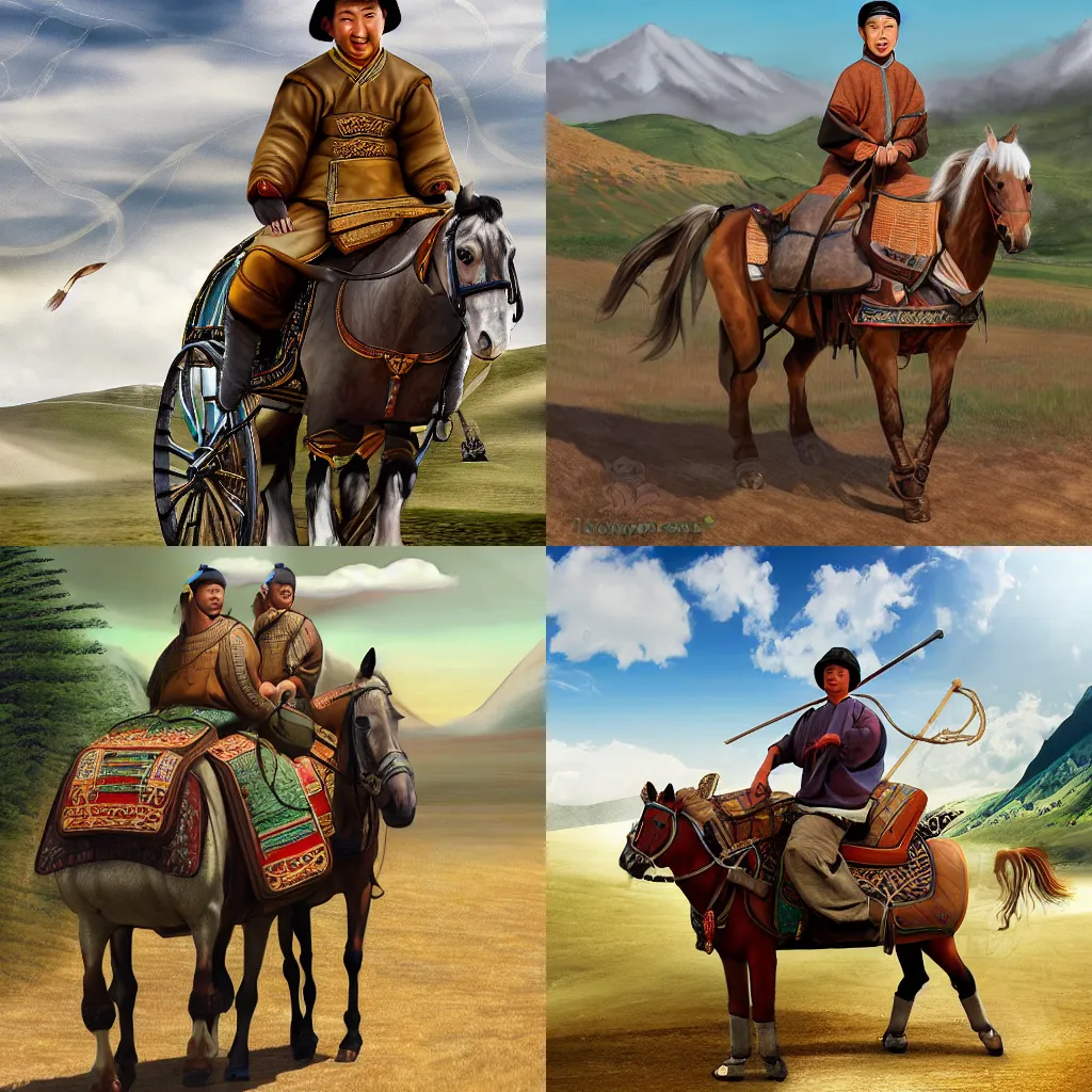 Prompt: a mongol programmer software engineer riding horse with the computers in the cart and laptops in the saddle bags, highly detailed, photo realistic, no crop